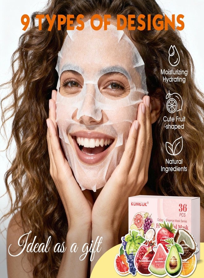 KONEUK 36 Pack Fruit Shaped Sheet Face Mask for Women, Collagen Hydrating and Moisturizing Face Masks Skincare for Dry Skin, Bulk Valentines Day Gifts, Spa Party Gifts and Mothers Day Gifts(9 Types x 4 Pcs) - Image 3